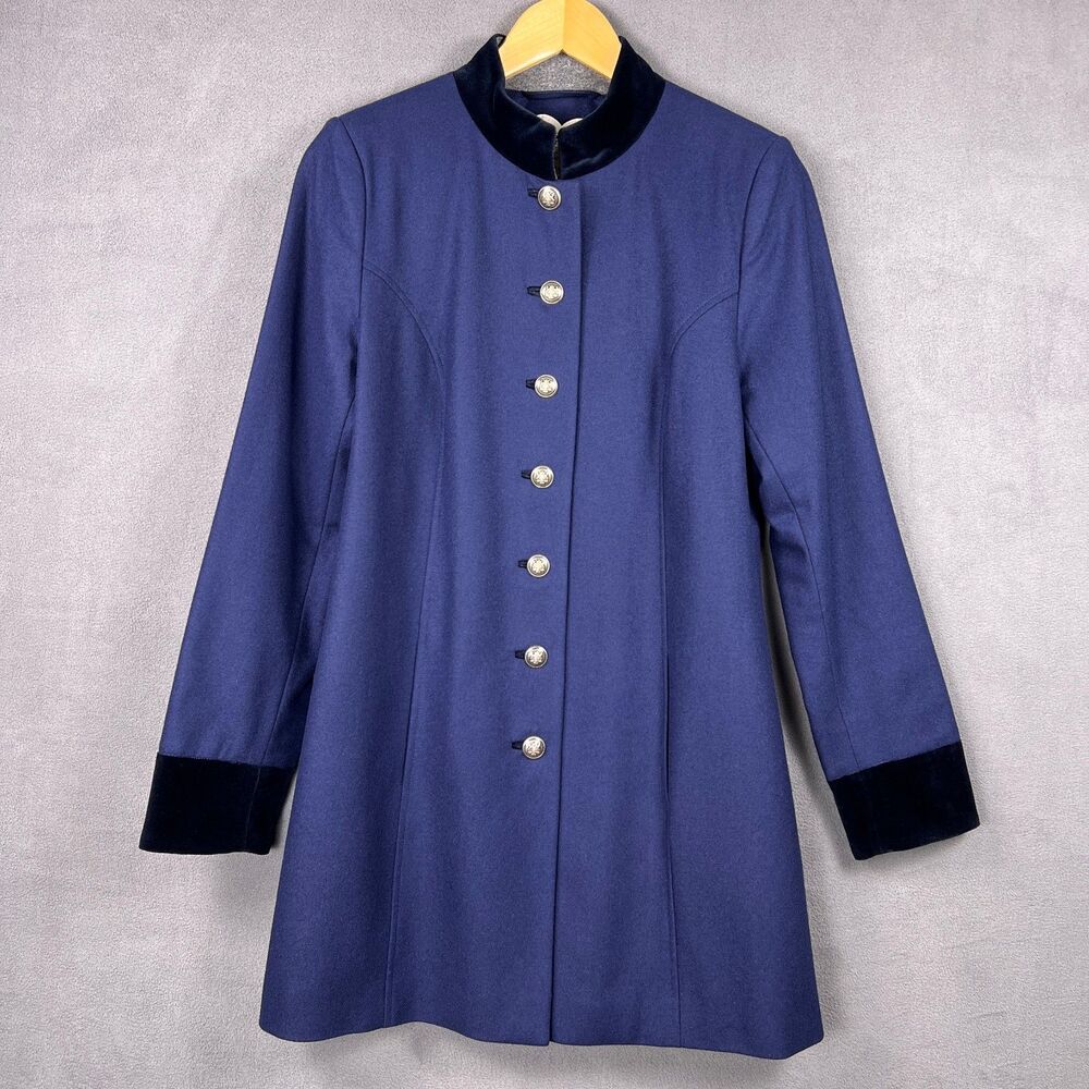 Vintage Loden Frey Navy Merino Wool Dress Coat Womens 38 Velvet Collar Princess